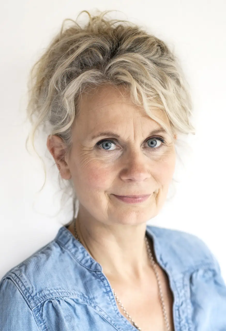 Portrait Heilpraktikerin blonde Frau blaues Hemd
